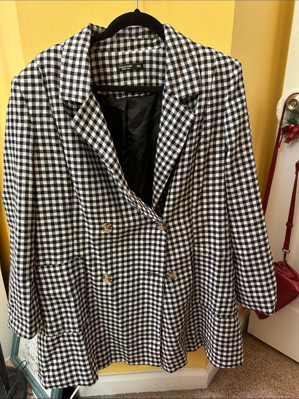 Black & White Gingham Double-Breasted Women's Coat
